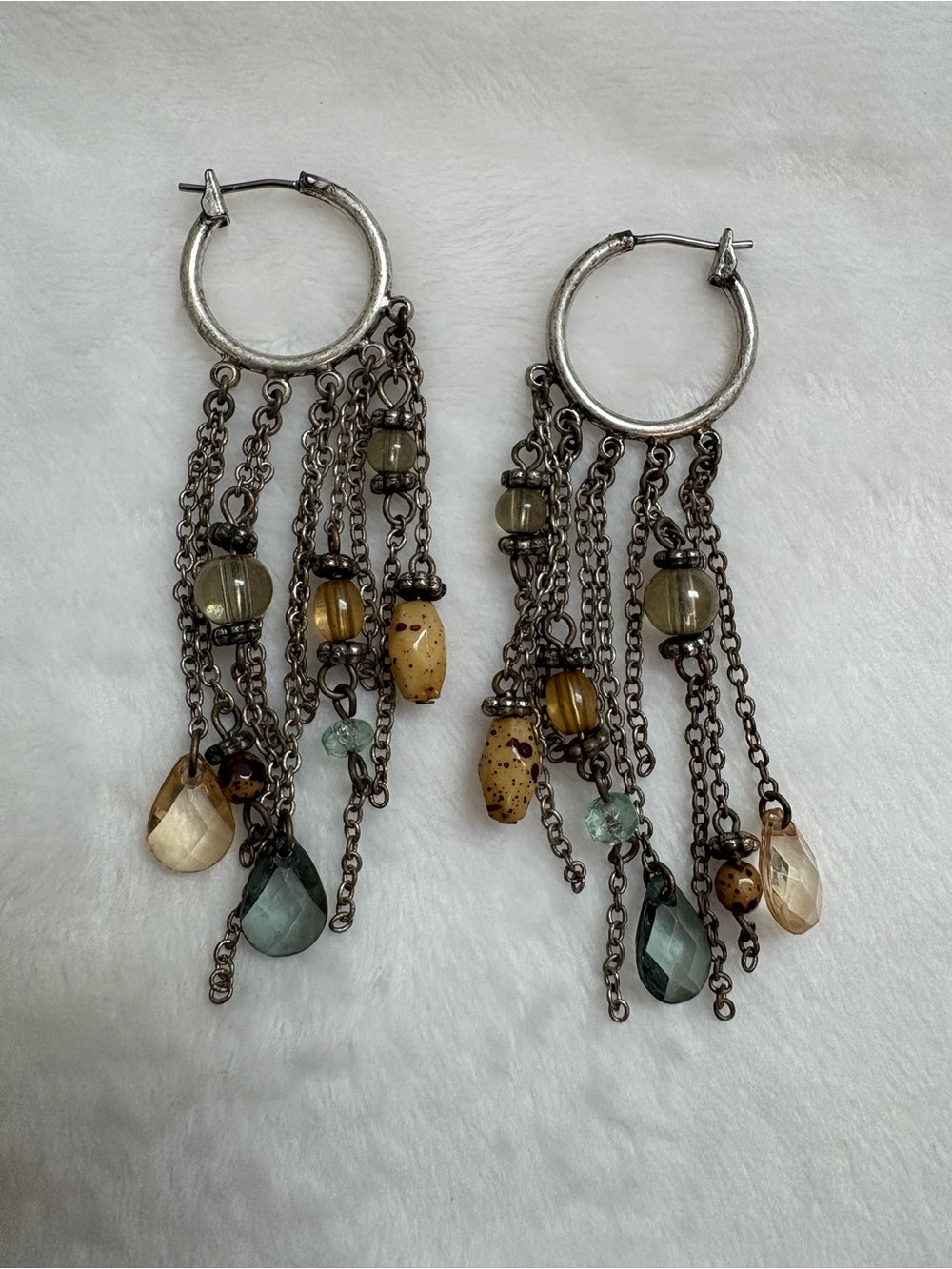 Boho Multi-Bead Dangle Hoop Earrings in Blue and yellow